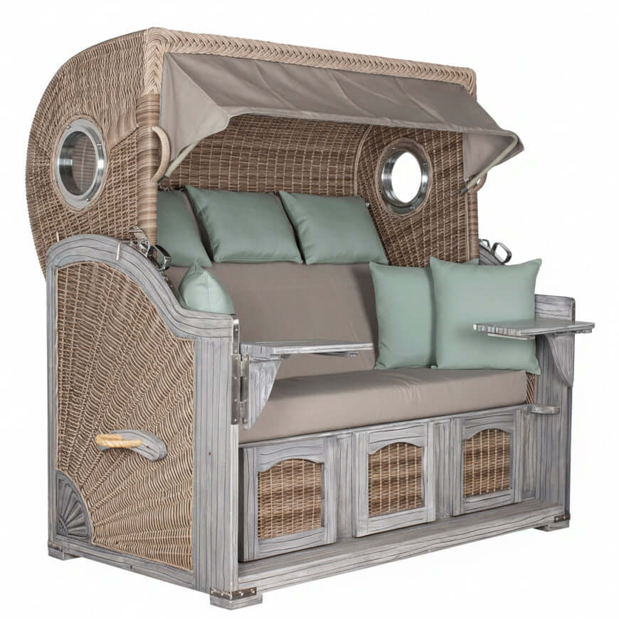 Strandkorb deVries PURE Seemöwe Vintage PE white kubu Dessin 483 aus Mahagoniholz grey washed mit Bullaugen, Größe wählbar