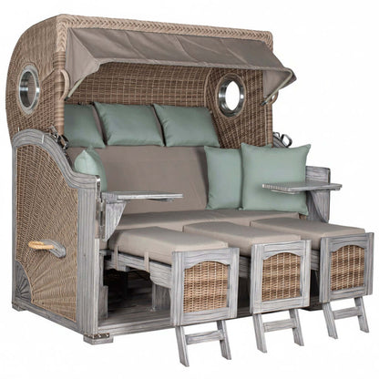 Strandkorb deVries PURE Seemöwe Vintage PE white kubu mit Bullaugen, Mahagoniholz grey washed, verstellbare Fußstützen, Dessin 483