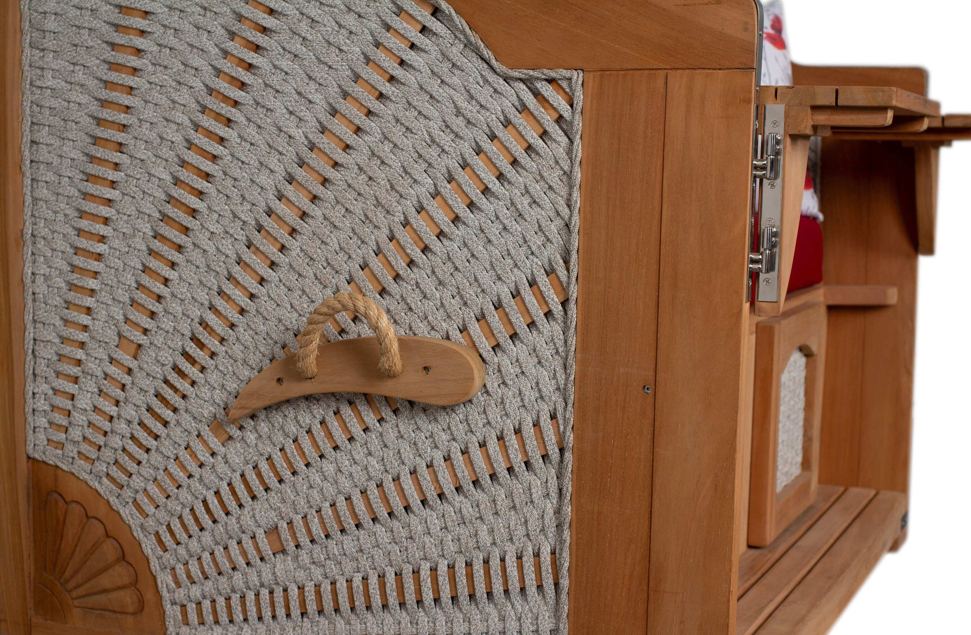 Detailansicht Seitenwand Strandkorb deVries Aruba XL Rope Kordel-Geflecht 15mm ivory mit Tragegriff aus Holz
