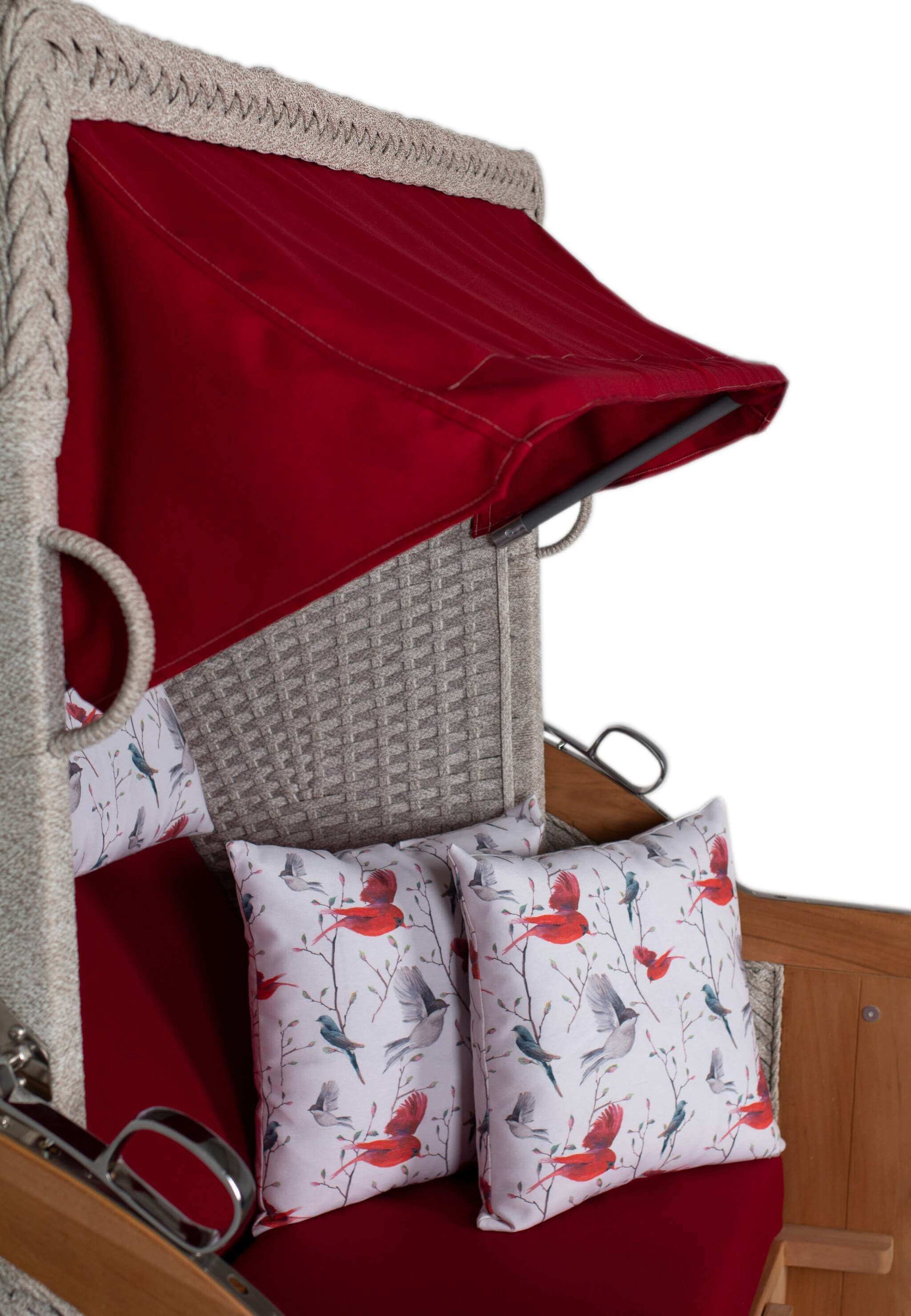Strandkorb deVries Aruba XL Rope ivory Dessin 107 mit rotem Dach und Vogel-Kissen rot