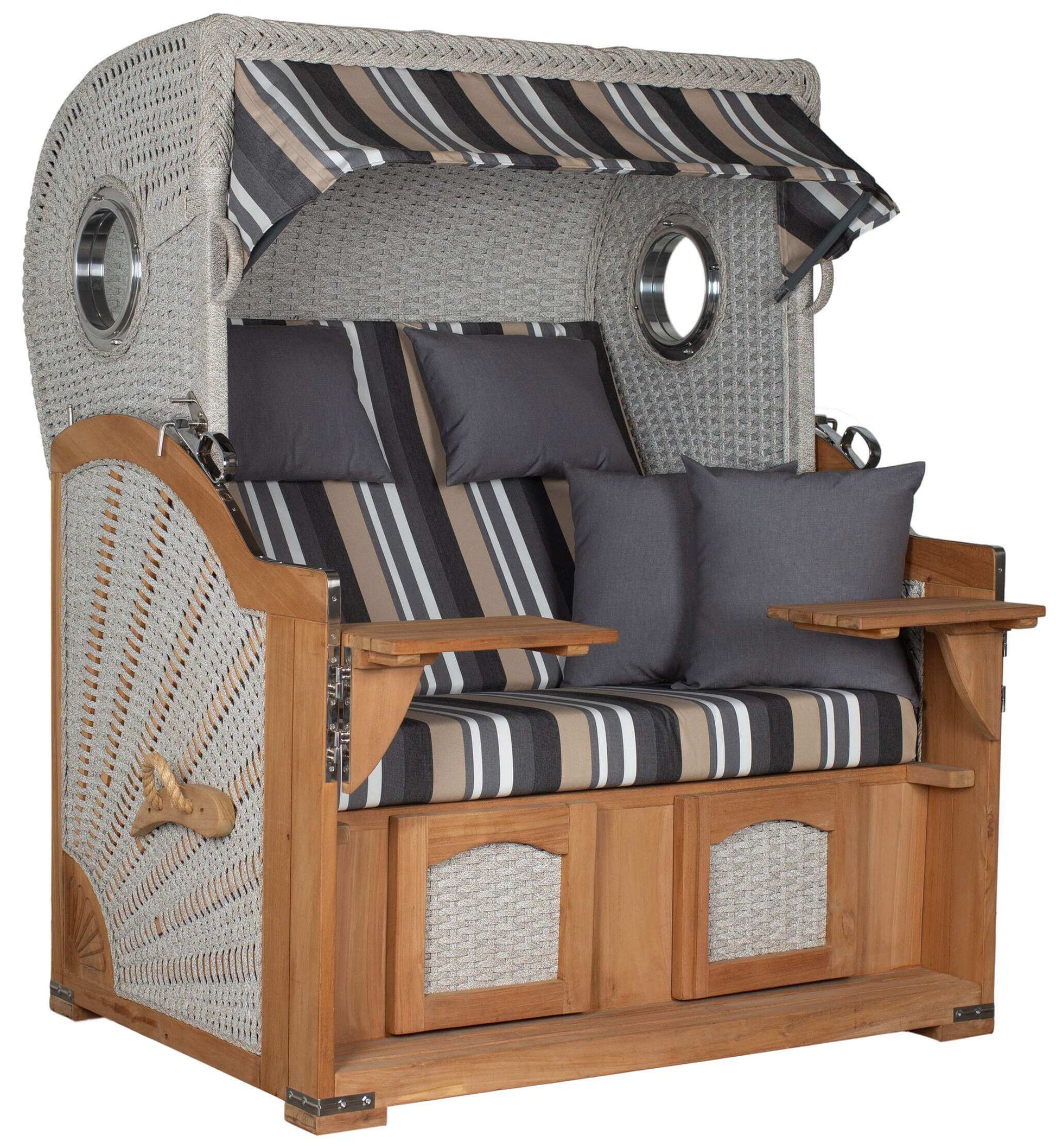Strandkorb deVries Aruba XL mit Kordel-Geflecht in ivory und breiten Streifen, ideal für entspannte Sommertage.