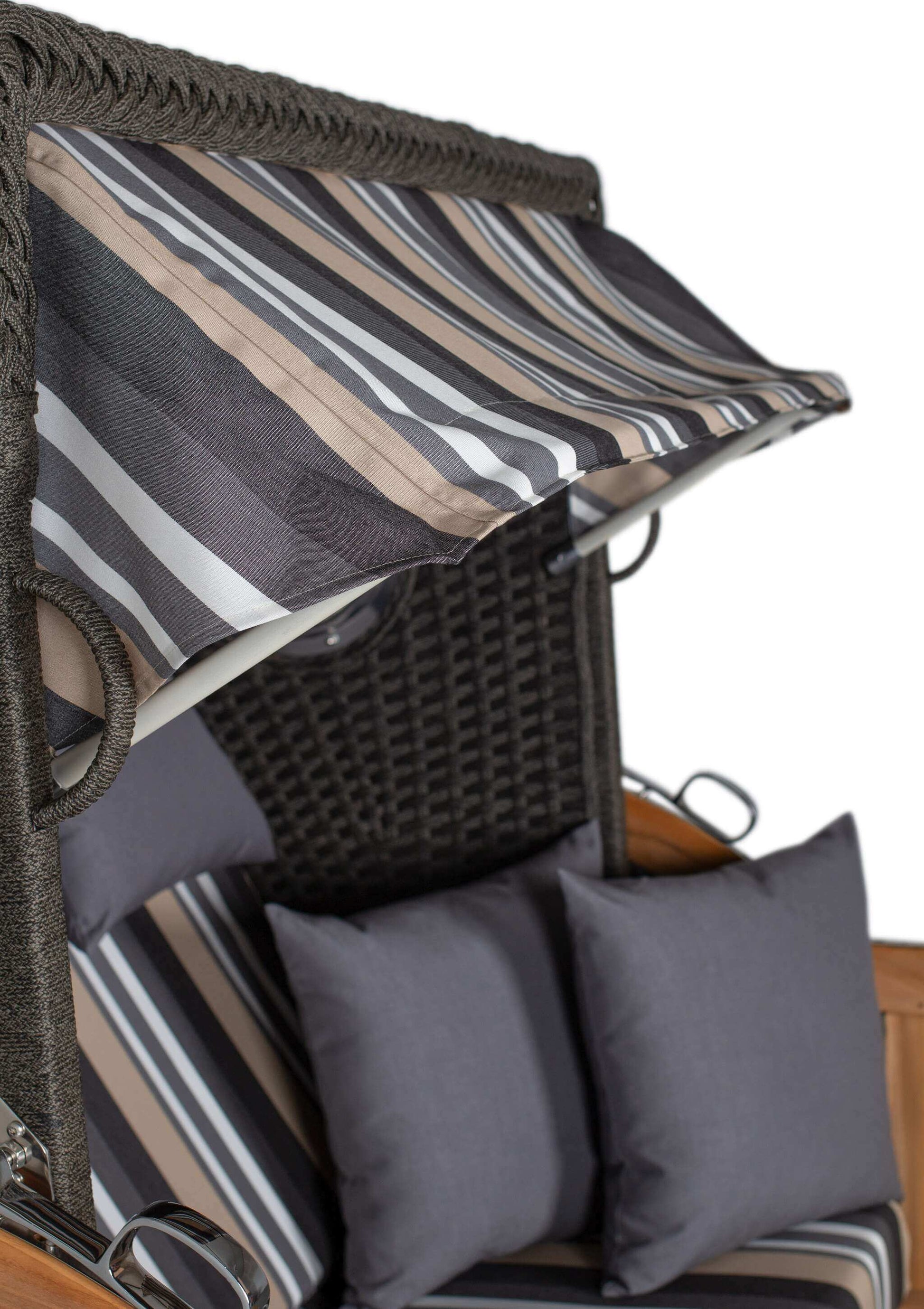 Strandkorb devries Aruba XL Rope anthrazit mit grau-beige gestreiftem Dessin 158 und Kissen, Detailansicht Sonnendach