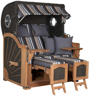 Strandkorb deVries Aruba XL Rope anthrazit mit grau-beige gestreiftem Dessin 158, Doppelsitzer mit Fußstützen und Seitentischen