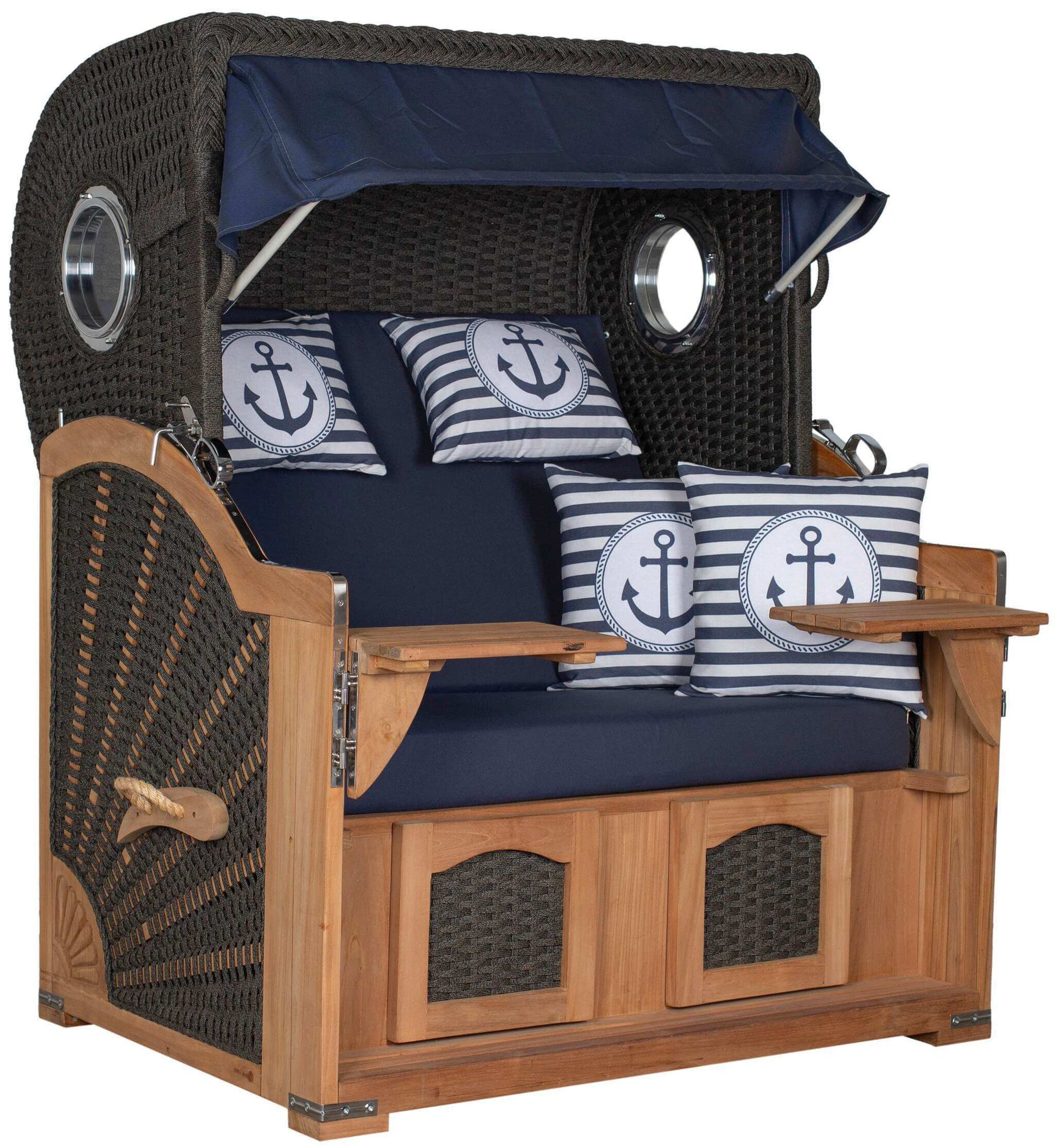 Strandkorb deVries Aruba XL Rope anthrazit mit maritimen Anker-Kissen und Holzgestell, 2-Sitzer Garten-Strandkorb blau