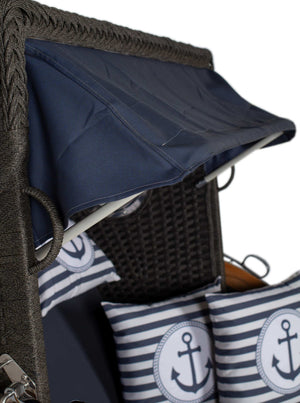 Strandkorb devries Aruba XL anthrazit mit blauem Sonnendach und maritimen Anker-Kissen, Detailansicht des Komfort-Korbes
