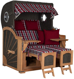 Strandkorb deVries Aruba XL Rope anthrazit mit rot-grau kariertem Dessin 230 und Holzgestell, verstellbare Doppelliege