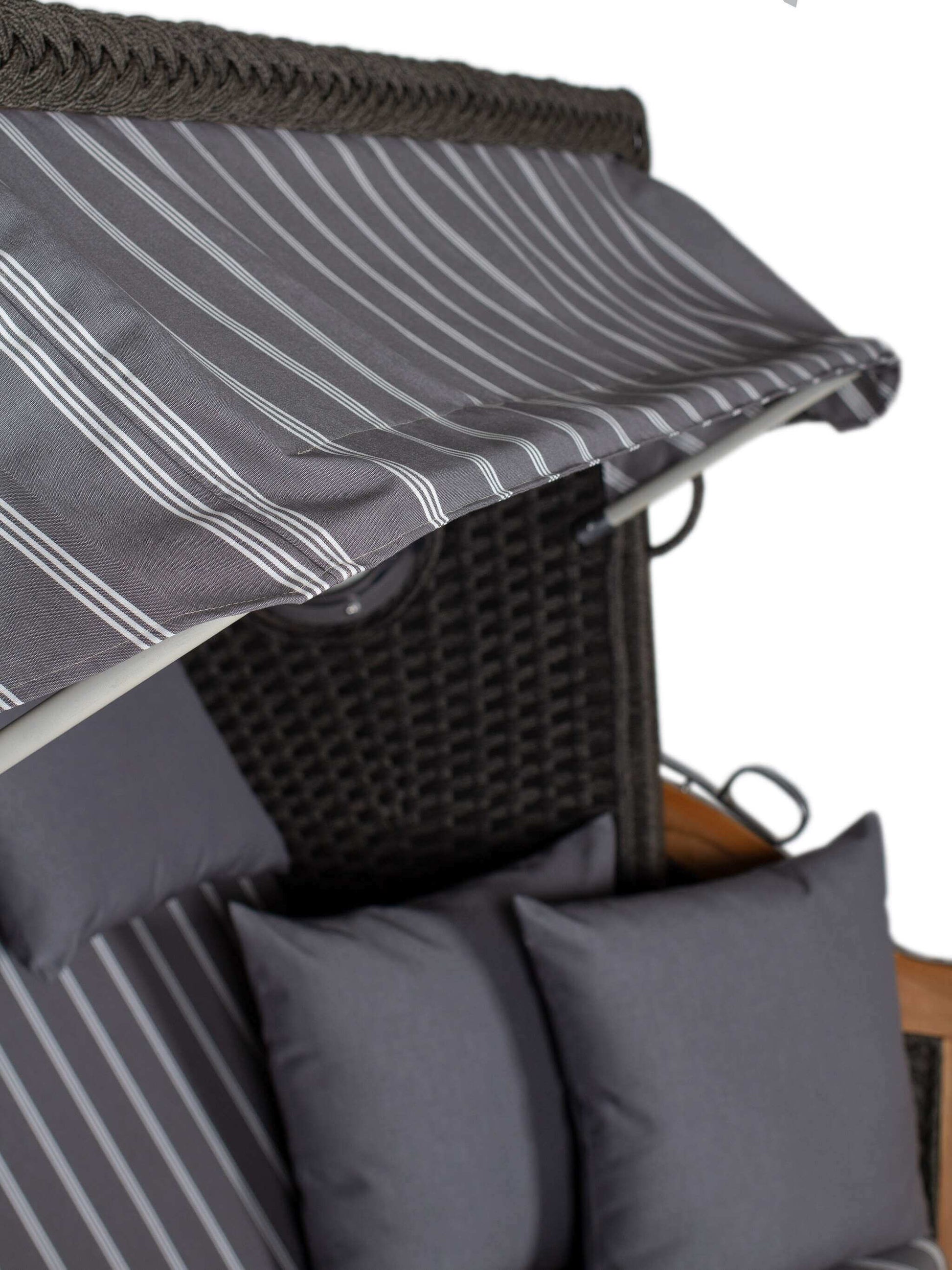 Strandkorb devries Aruba XL Rope anthrazit mit grau weißen Streifen, Detail von Dach und Kissen Dessin 235 grau weiss