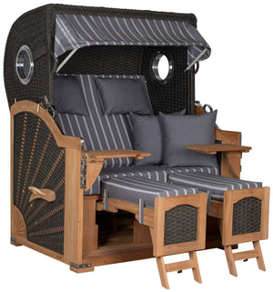 Strandkorb deVries Aruba XL Rope anthrazit Dessin 235 grau weiß mit Fußstützen und Polstern für zwei Personen