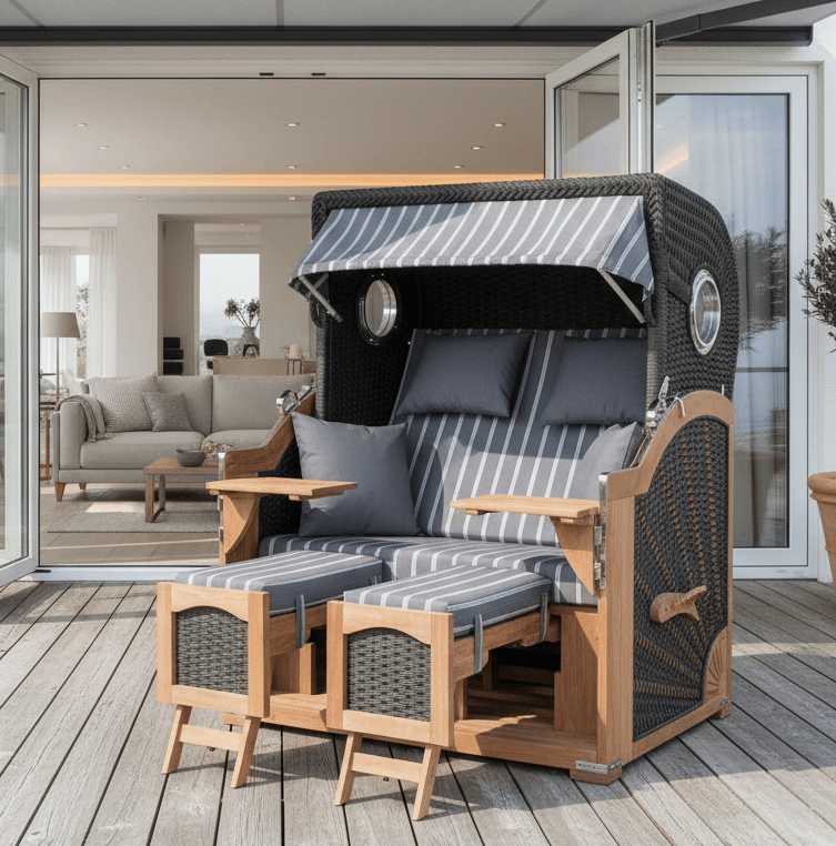Strandkorb devries Aruba XL Rope anthrazit Dessin 235 grau weiss auf Holzterrasse vor moderner Terrasse mit Meerblick