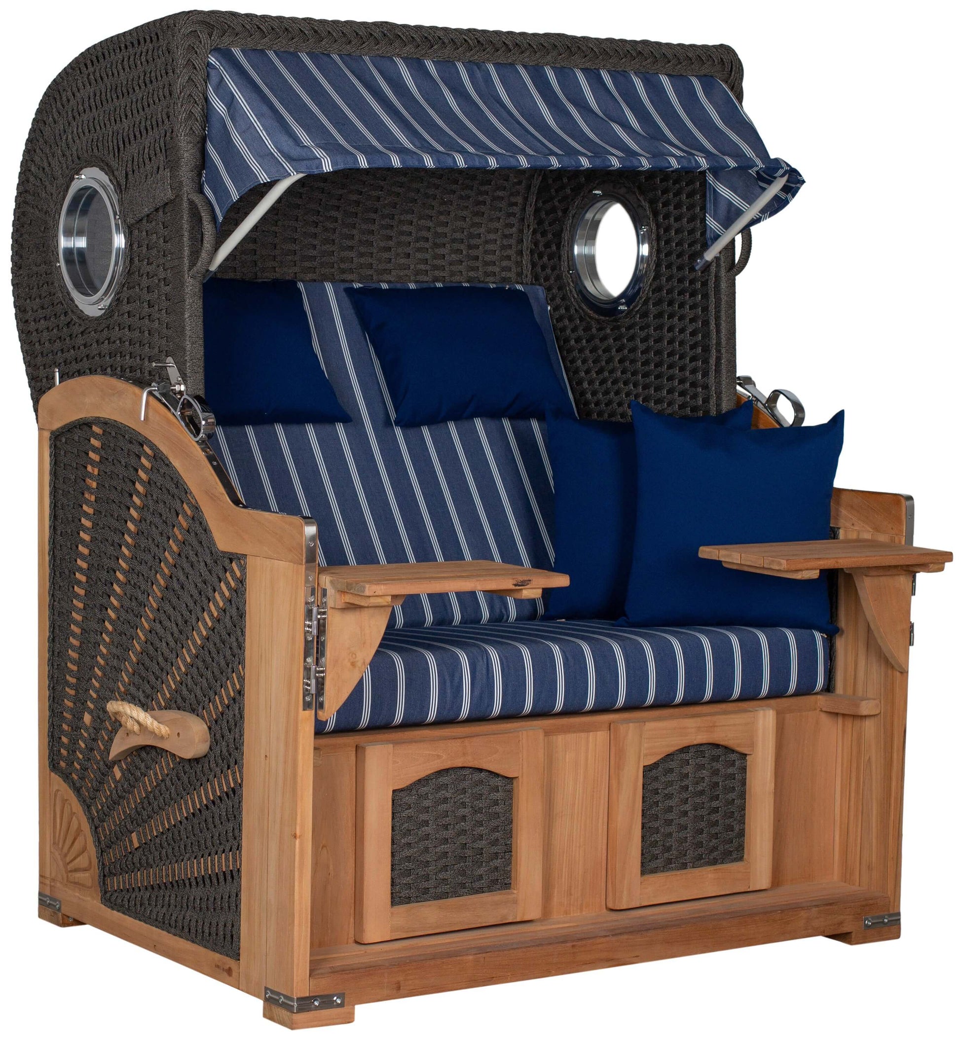 Strandkorb deVries PURE Seemöwe Teak PE stone grey Dessin 236 mit Bullaugen und blauen Polstern, Größe wählbar S XL XXL