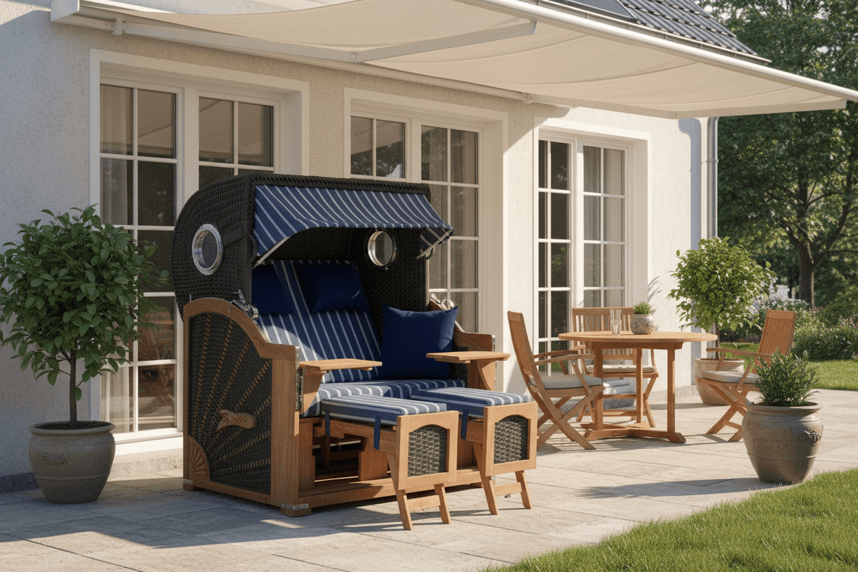 Strandkorb devries Aruba XL Rope anthrazit Dessin 236 blau weiss auf sonniger Terrasse vor modernem Haus