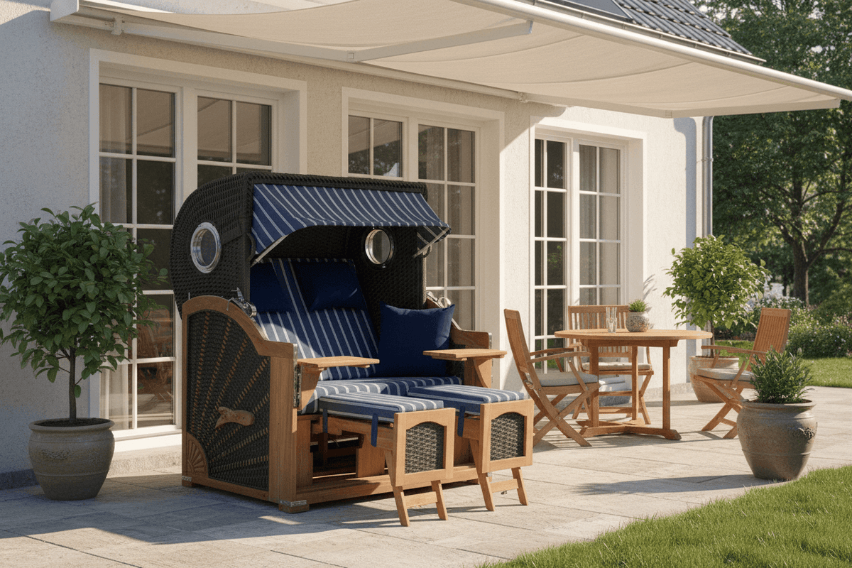 Strandkorb devries Aruba XL Rope anthrazit Dessin 236 blau weiss auf sonniger Terrasse vor modernem Haus