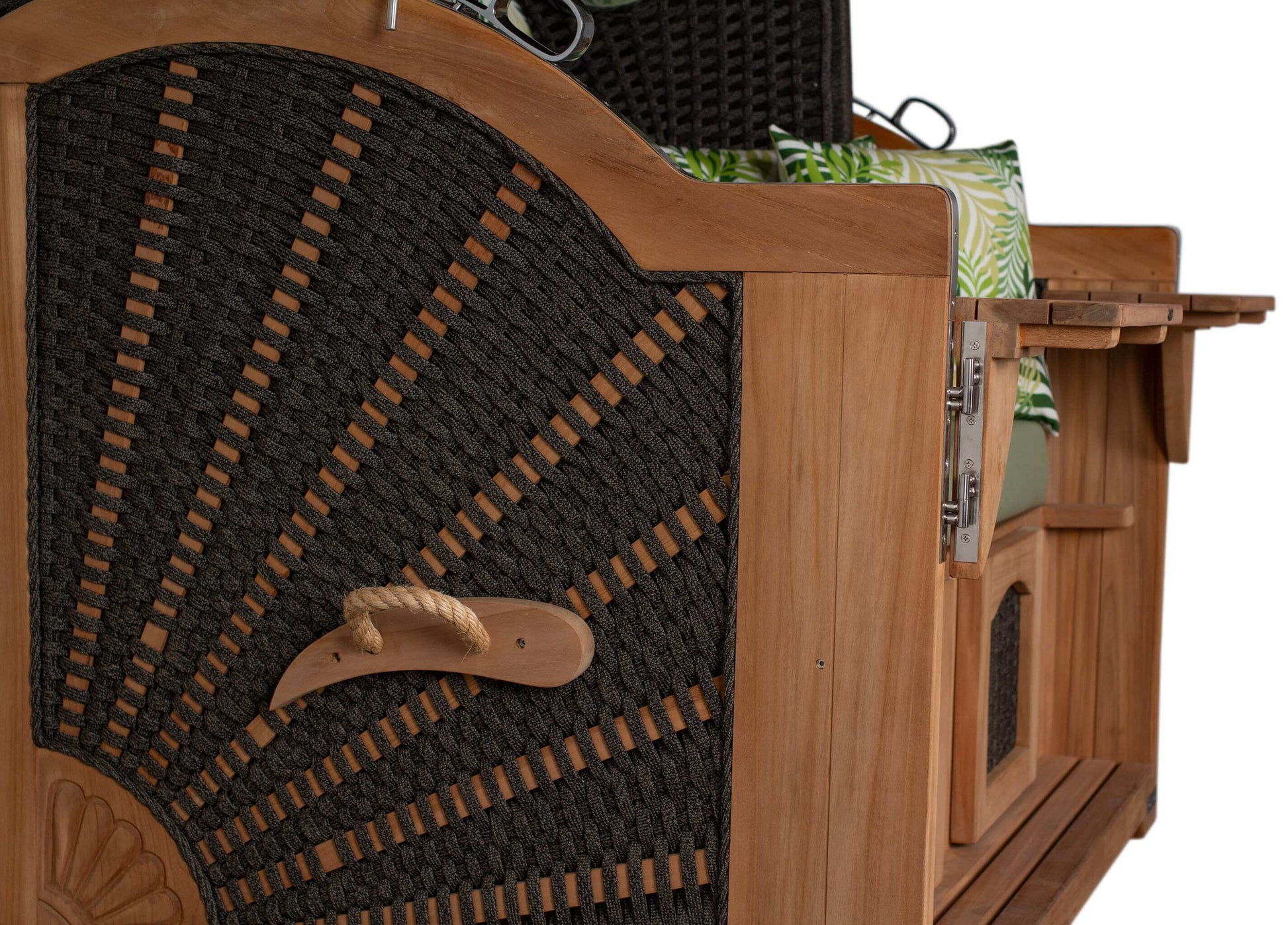 Strandkorb deVries Aruba XL Rope anthrazit Seitenansicht mit Kordel-Geflecht und grünem Palmenblatt-Kissen aus Teakholz