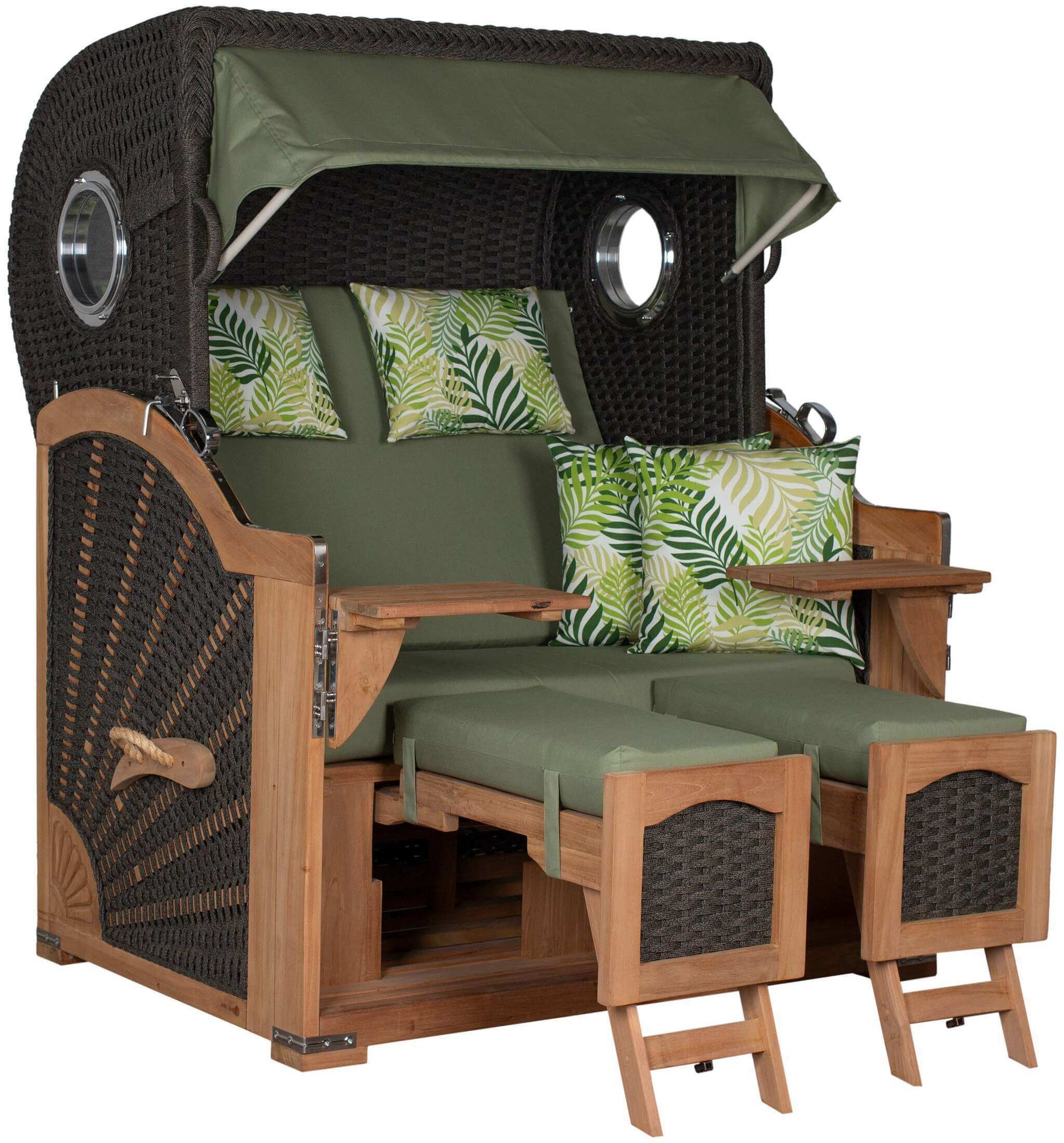 Strandkorb deVries Aruba XL Rope anthrazit mit grünem Palmenblatt Muster Kissen und Holzgestell, luxuriöser Garten Strandkorb