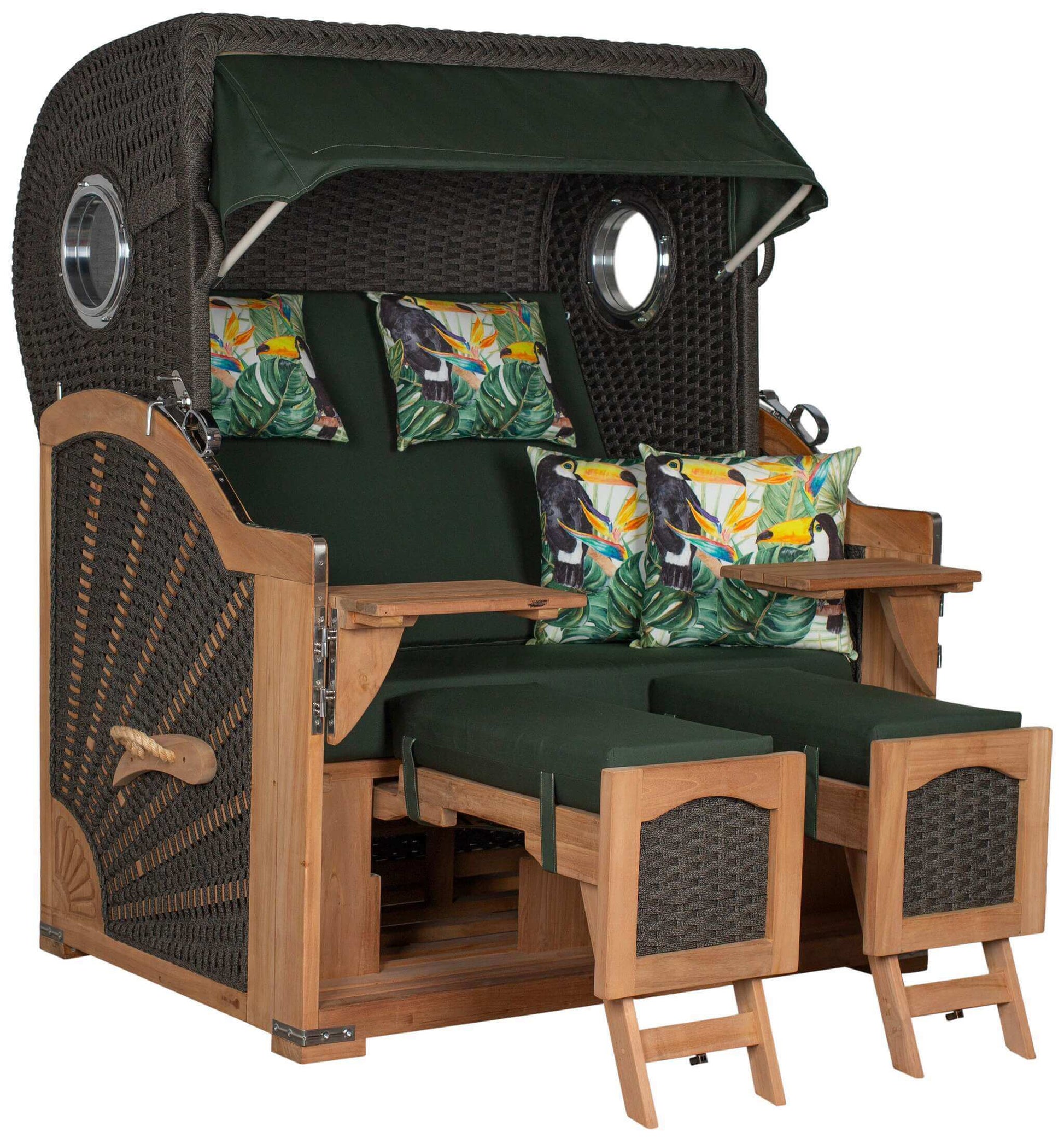 Strandkorb devries Aruba XL Rope anthrazit mit grünem Tukan-Design, verstellbaren Fußteilen und Kissen für zwei Personen