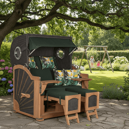 Strandkorb devries Aruba XL Rope anthrazit mit grünem Tukan-Dessin 244 im Garten auf Terrasse vor Spielplatz