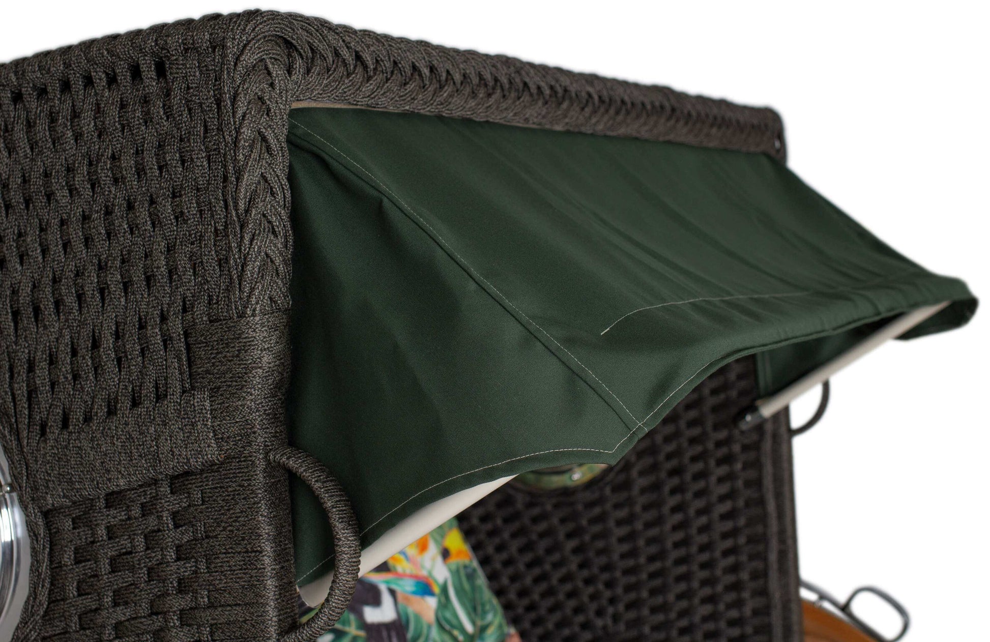 Strandkorb devries Aruba XL Rope anthrazit mit grünem Sonnenverdeck und tropischem Tukan-Design, Detailansicht der Kordel-Geflechtkante
