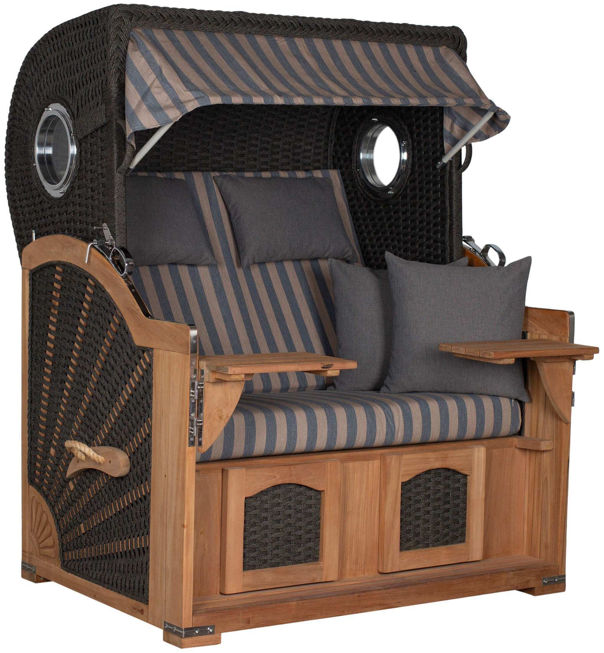 Strandkorb deVries Aruba XL Rope anthrazit braun grau mit Kordel-Geflecht und Teakholz für zwei Personen