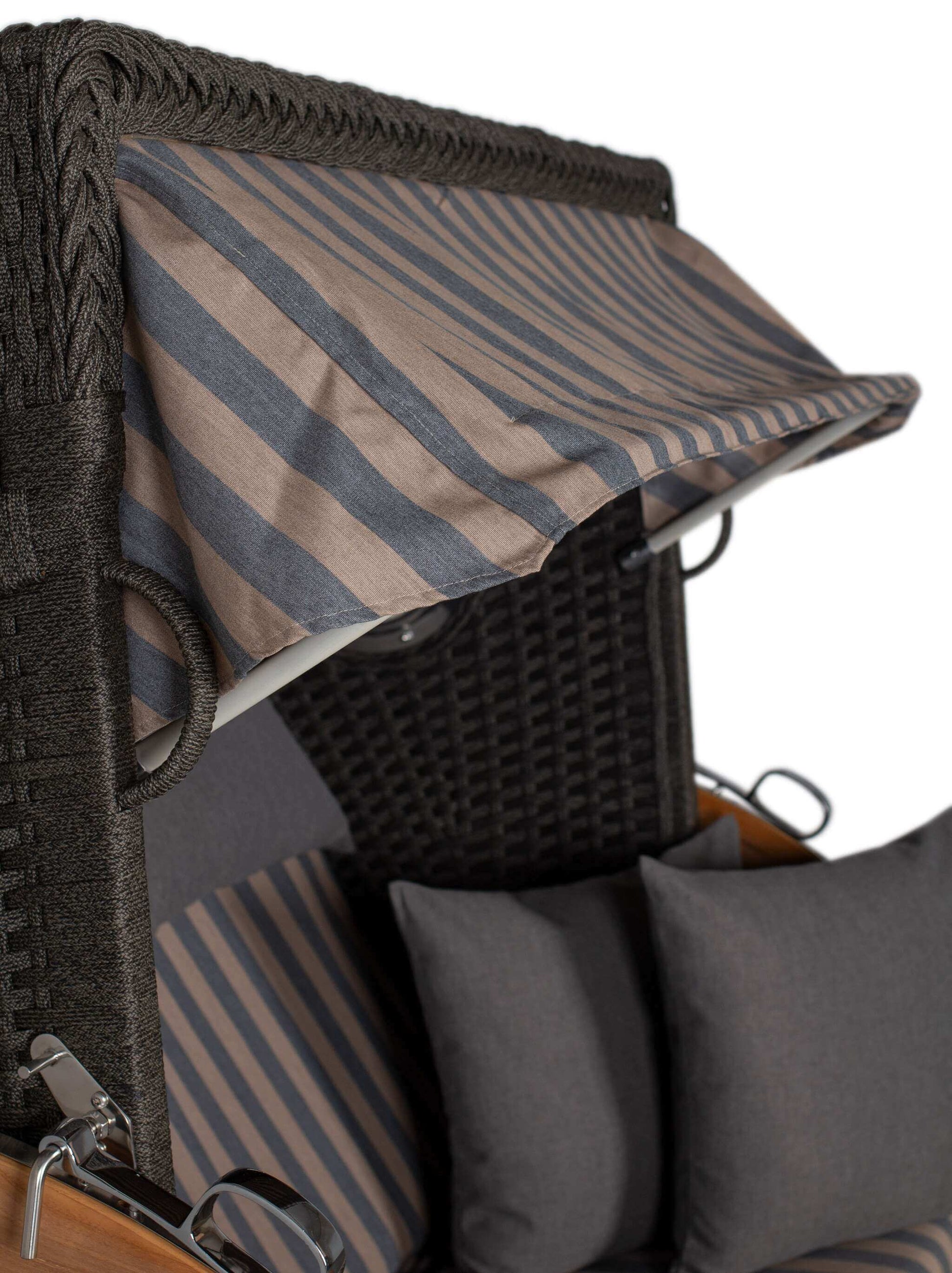 Strandkorb deVries Aruba XL anthrazit mit braun-grau gestreifter Markise und Polstern, Detailansicht seitlich