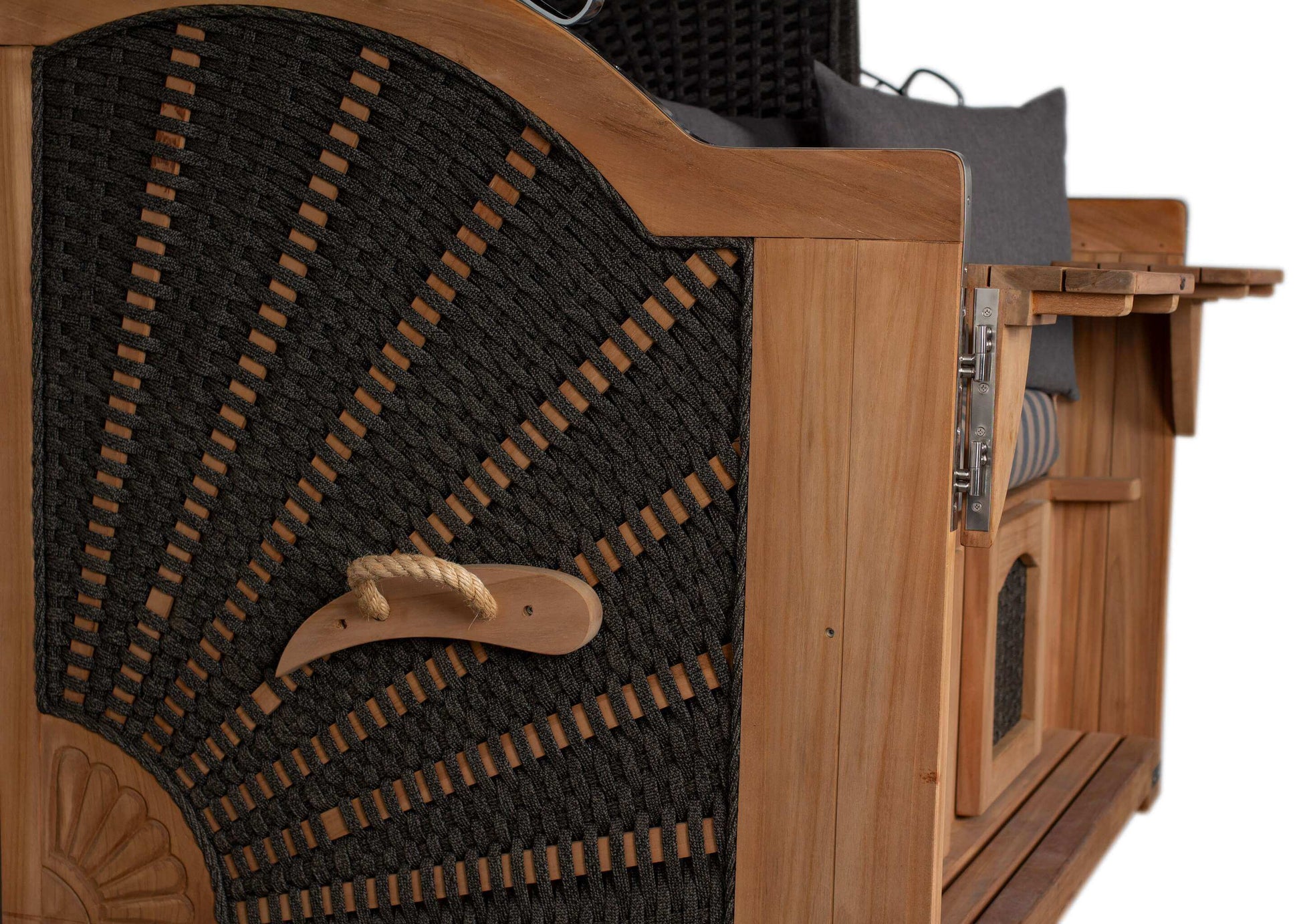 Strandkorb devries Aruba XL Rope anthrazit Detailansicht Seitenlehne und Kordel-Geflecht aus Teakholz braun grau Dessin 248