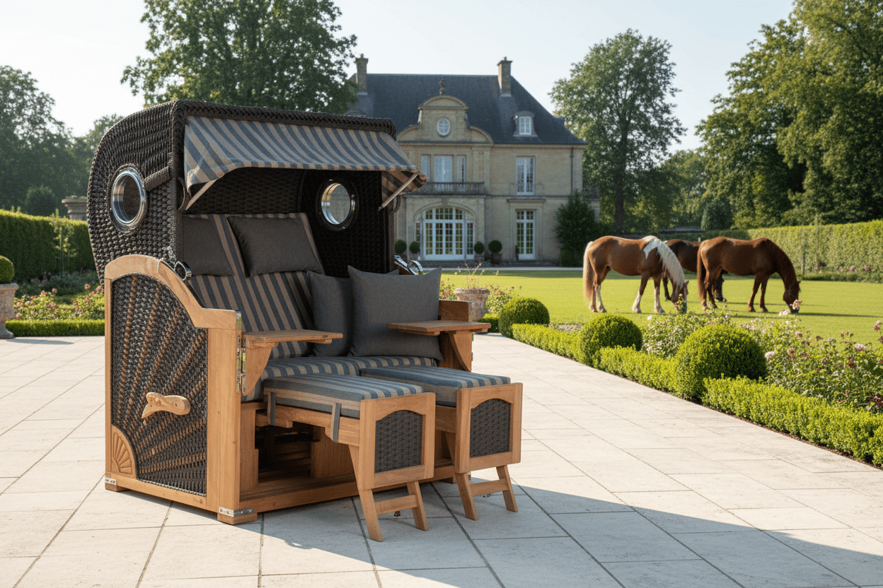 Strandkorb devries Aruba XL Rope anthrazit Dessin 248 braun grau im Luxusgarten vor Villa mit Pferden im Hintergrund