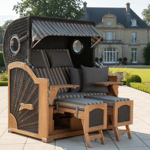 Strandkorb devries Aruba XL Rope 15mm anthracite Dessin 248 braun grau im Garten vor Villa, Doppel-Strandkorb mit Fußstützen