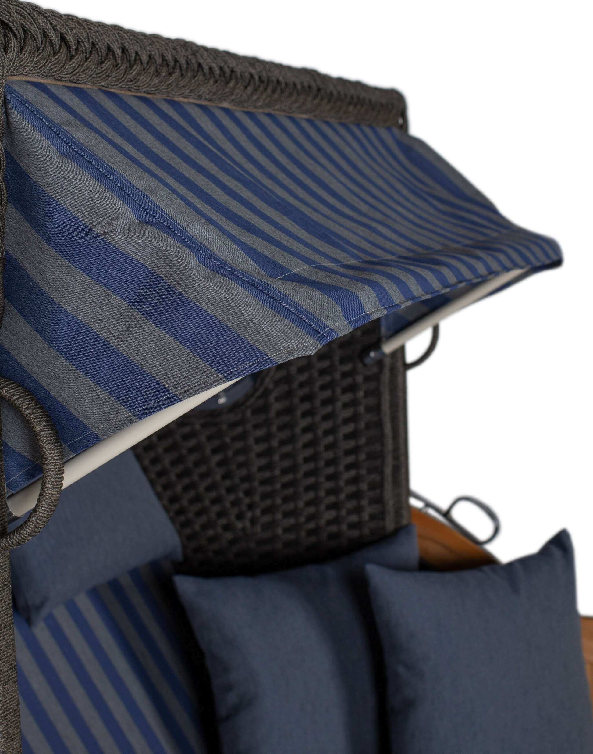 Strandkorb deVries Aruba XL Rope anthrazit mit blau-grau gestreiftem Markisenstoff und Kissen, Detailansicht Verdeck