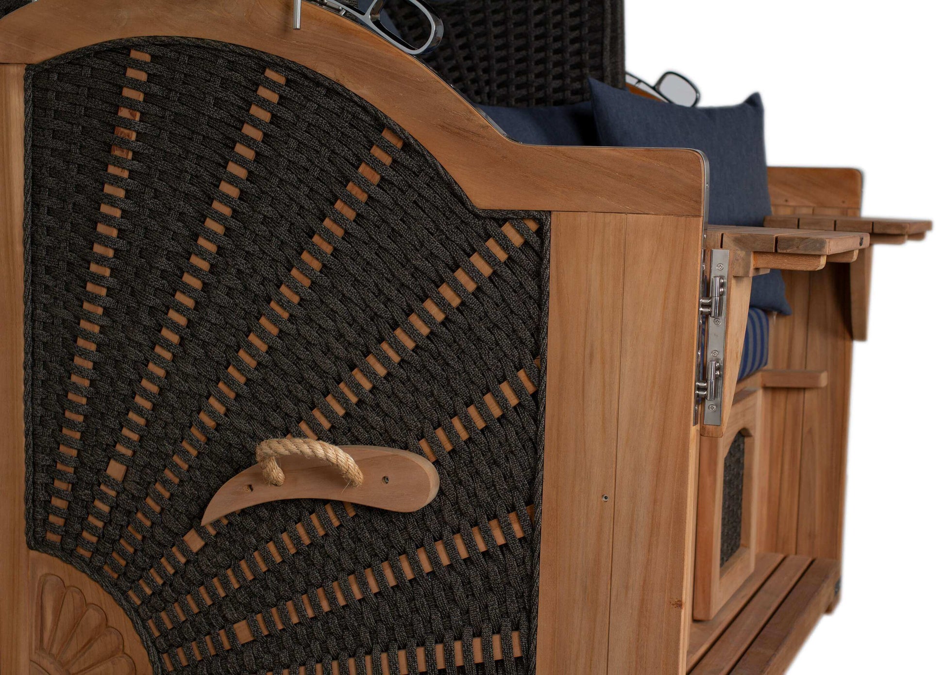 Strandkorb deVries Aruba XL Rope anthrazit Seitenansicht mit Kordel-Geflecht und Massivholz, Detailaufnahme Armlehne und Griff