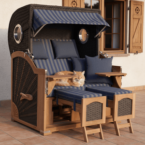 Strandkorb deVries Aruba XL Rope anthrazit grau-blau mit Kordel-Geflecht und Katze, gemütlicher Doppel-Strandkorb auf Terrasse