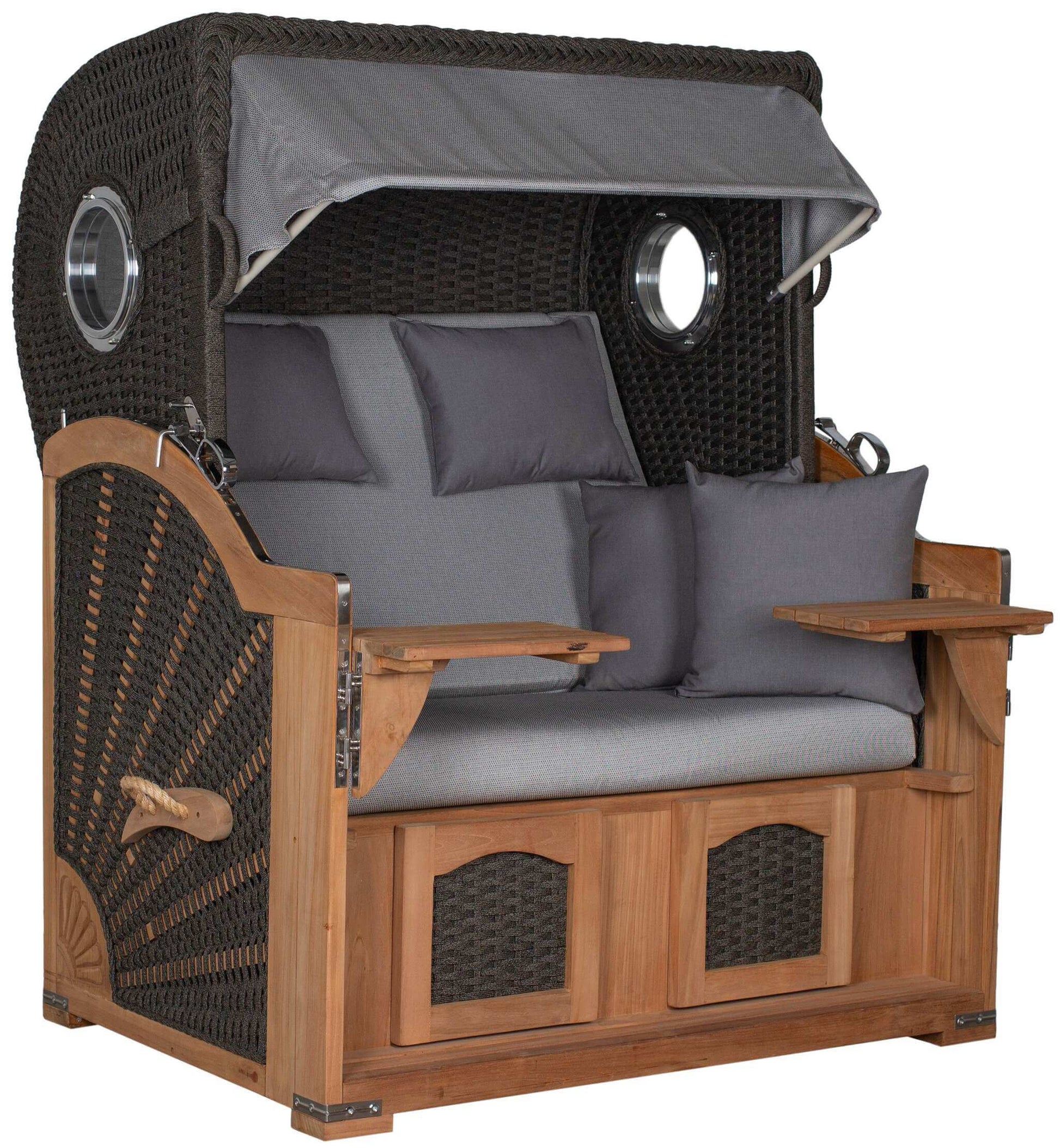 Strandkorb deVries Aruba XL Rope anthrazit mit grauen Kissen und Teakholzgestell, luxuriöser Zweisitzer-Strandkorb für Garten oder Terrasse