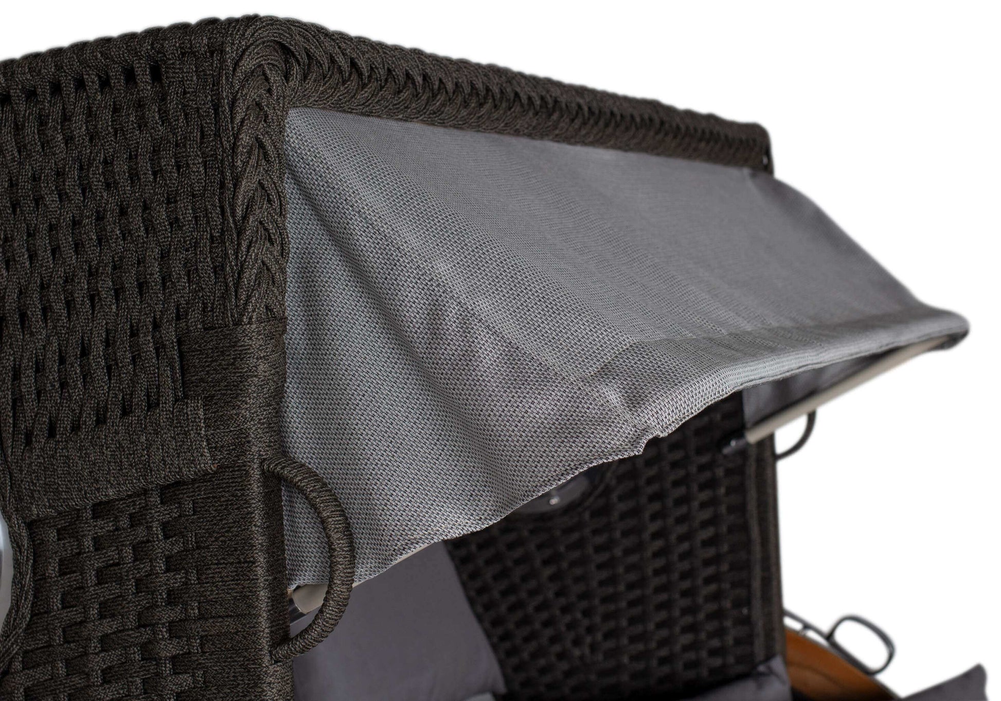 Strandkorb deVries Aruba XL Rope anthrazit mit grauer Sonnenmarkise, Detailansicht des verstellbaren Stoffverdecks