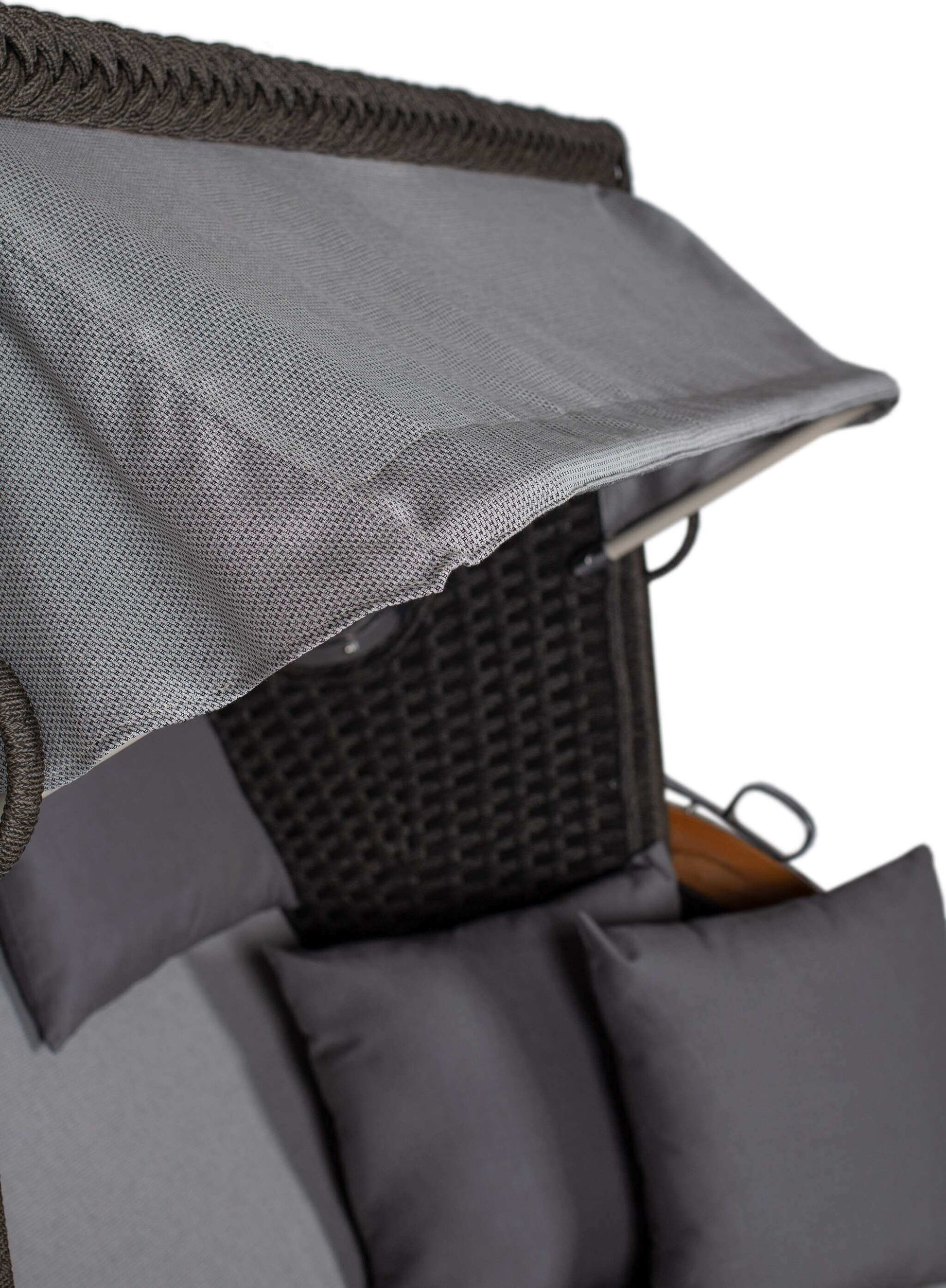 Strandkorb deVries Aruba XL Rope anthrazit mit grauem Sonnendach und Strukturstoff Panama grau Detailansicht