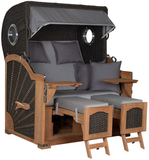 Strandkorb deVries Aruba XL Rope anthrazit mit grauen Polstern und Fußstützen, luxuriöser Doppel-Strandkorb aus Teakholz für Garten