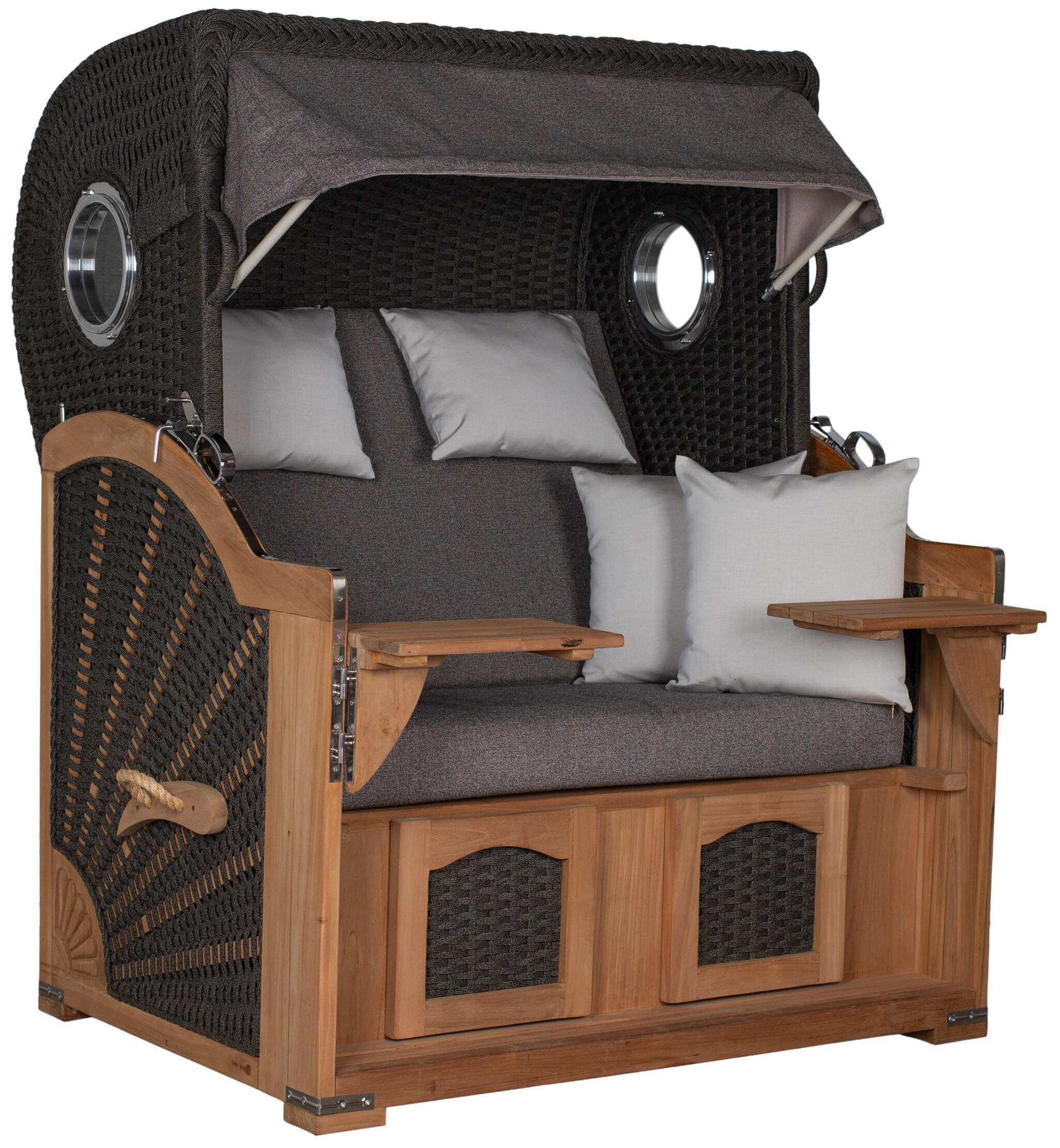 Strandkorb deVries Aruba XL Rope ivory Dessin 252 sand braun tweed mit Teakholz, verstellbarer Haube und Klapptischen