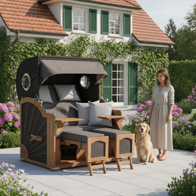 Strandkorb deVries Aruba XL Rope ivory Dessin 252 sand braun tweed im Garten vor Haus mit Frau und Hund