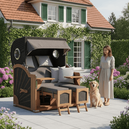 Strandkorb deVries Aruba XL Rope ivory Dessin 252 sand braun tweed im Garten vor Haus mit Frau und Hund