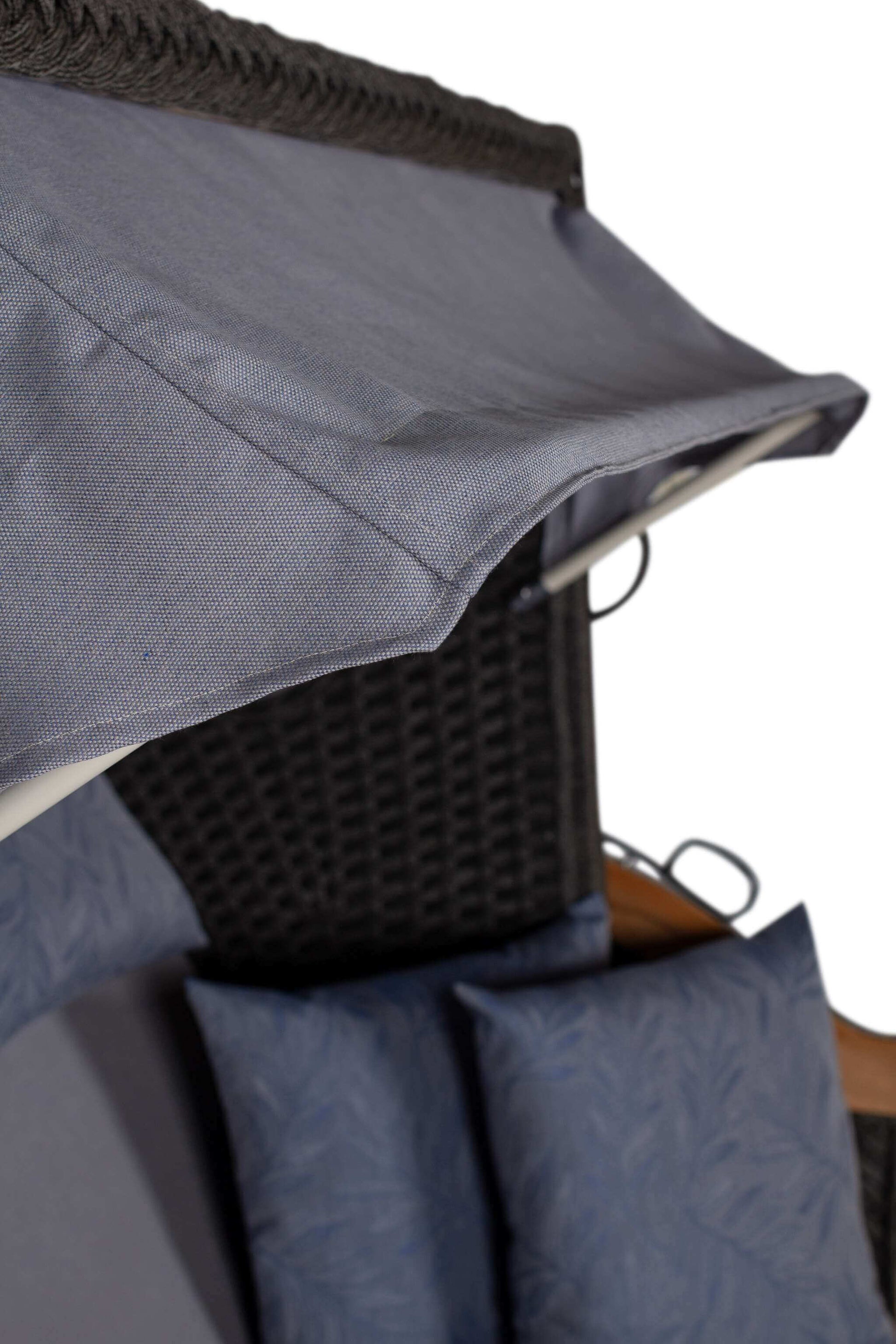 Strandkorb deVries Aruba XL Rope 15mm ivory Dessin 253 grau blau mit verstellbarem Sonnendach und Kissen-Detailansicht