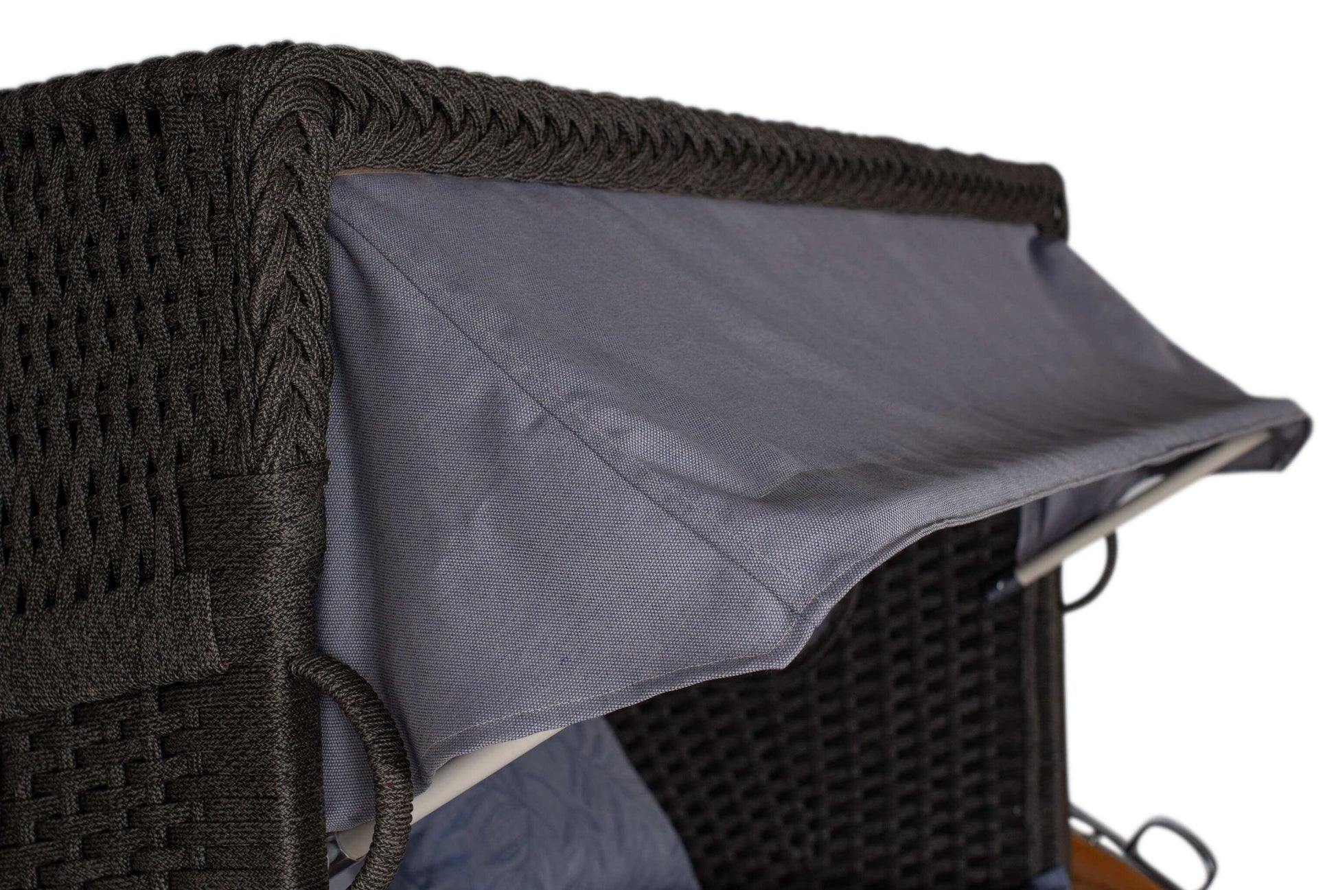 Strandkorb deVries Aruba XL Rope Kordel-Geflecht 15mm ivory Dessin 253 grau blau mit aufgeklappter Sonnenmarkise Nahaufnahme