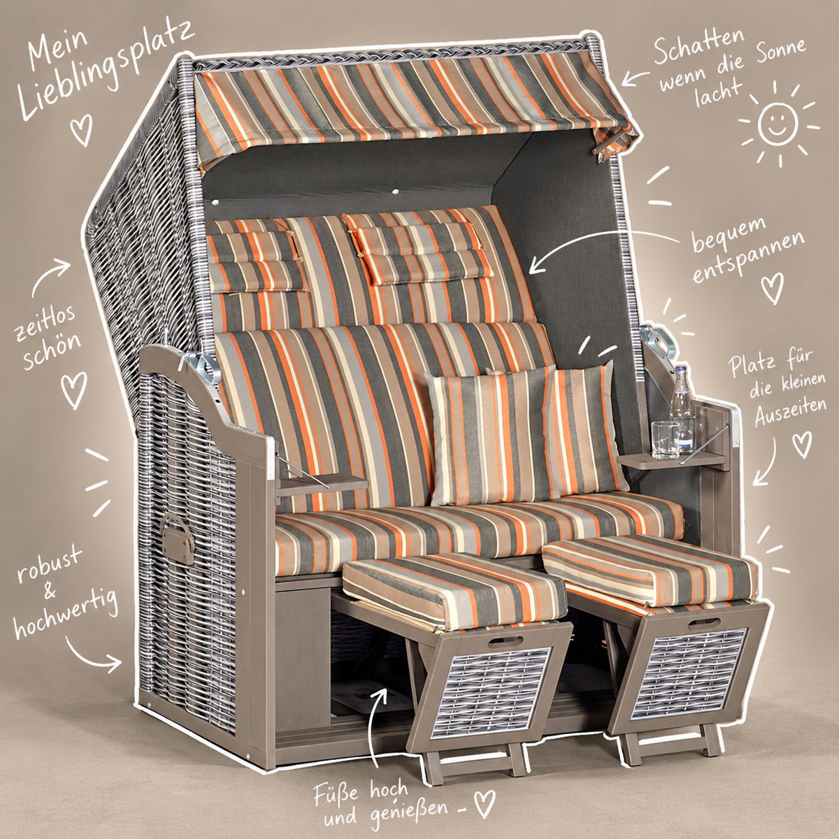 Strandkorb Kiel 34 Z XL, Pinienholz grau lasiert, PE-Geflecht onix, Dessin 1235 grau anthrazit orange