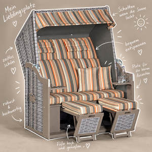 Strandkorb Kiel 34 Z XL, Pinienholz grau lasiert, PE-Geflecht onix, Dessin 1235 grau anthrazit orange