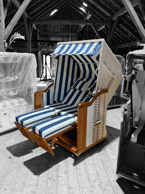 Komplettpaket Strandkorb Kiel Edelstahl 250 Plus, PVC-Geflecht weiss, Dessin 1080 blau weiss