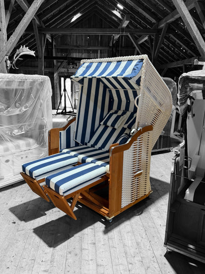 Komplettpaket Strandkorb Kiel Edelstahl 250 Plus, PVC-Geflecht weiss, Dessin 1080 blau weiss