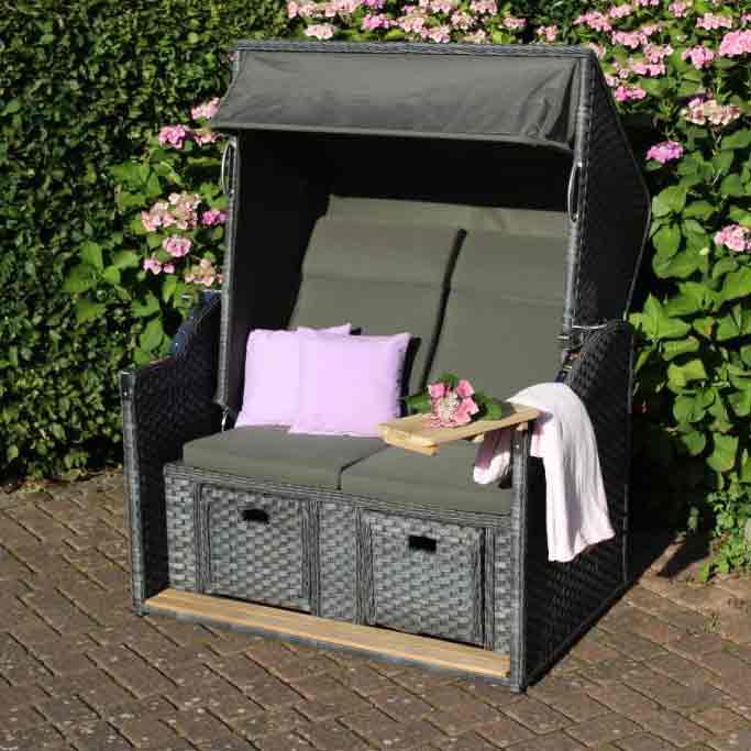 4Seasons Strandkorb XL Polyrattan lagun mit Schutzhülle, atmungsaktiv und robust, grau, perfekt für den Außenbereich.