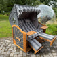 Komplettpaket C34 Strandkorb Prieß Modell Meister Holz Iroko Holz, PE Geflecht dunkelgrau, Stoff grau gestreift, 150 cm