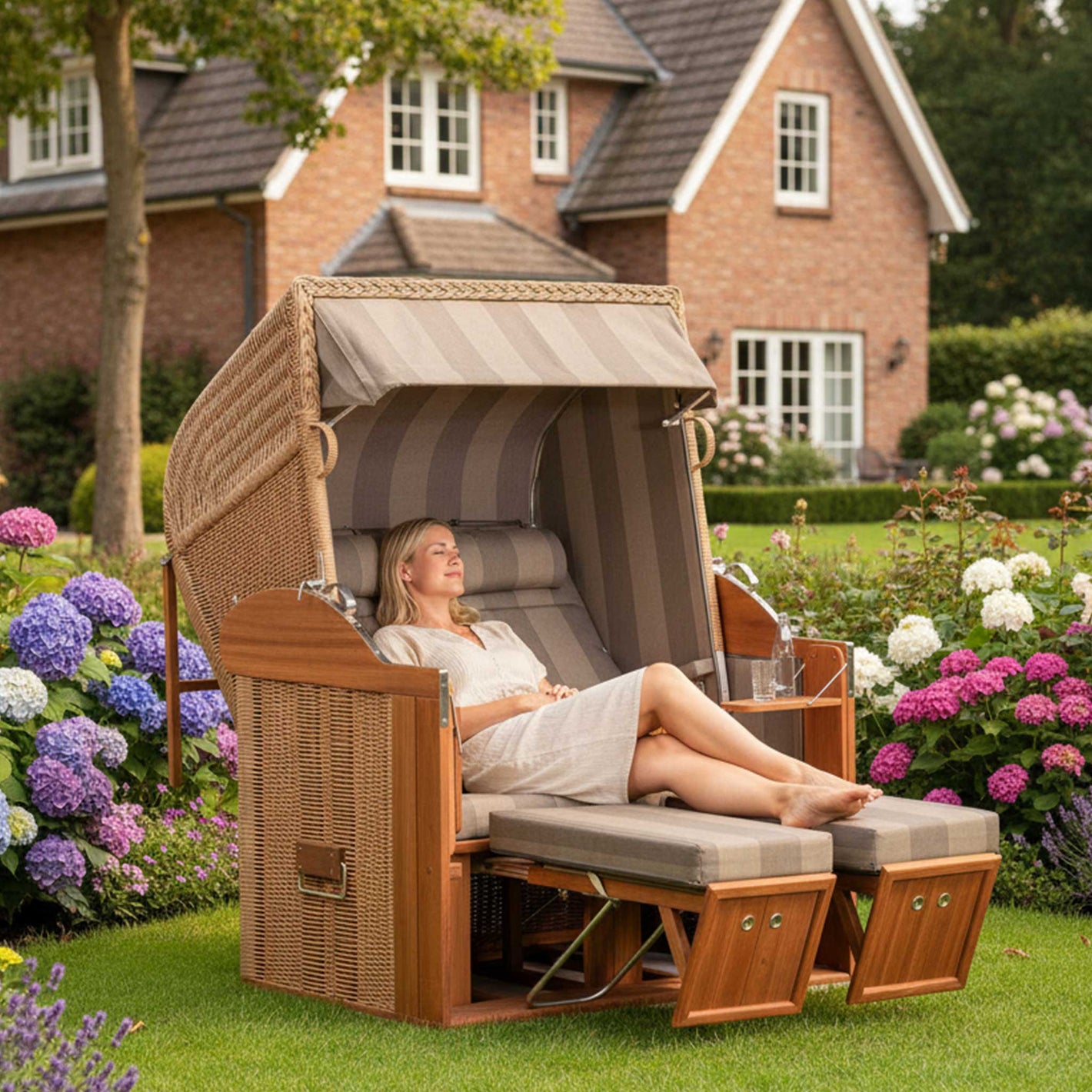 Strandkorb Classic Teak 2-Sitzer kaufen – Komfortabler Gartenstuhl mit ergonomischem Design und luxuriösem Look.