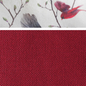 Stoffmuster Strandkorb deVries Aruba XL Dessin 107 Vogel rot mit Vogelmotiv und rotem Strukturgewebe in Detailansicht