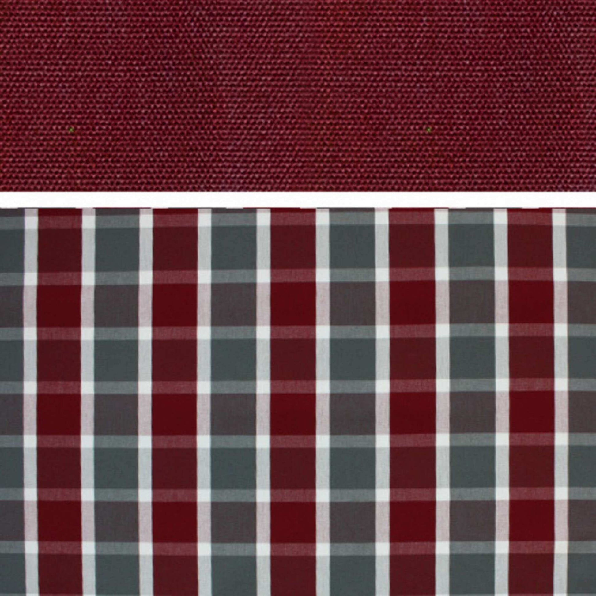 Strandkorb Bezug Stoffmuster Dessin 230 rot grau kariert, Nahaufnahme Oberstoff und Karo-Polster für DeVries Aruba XL Rope