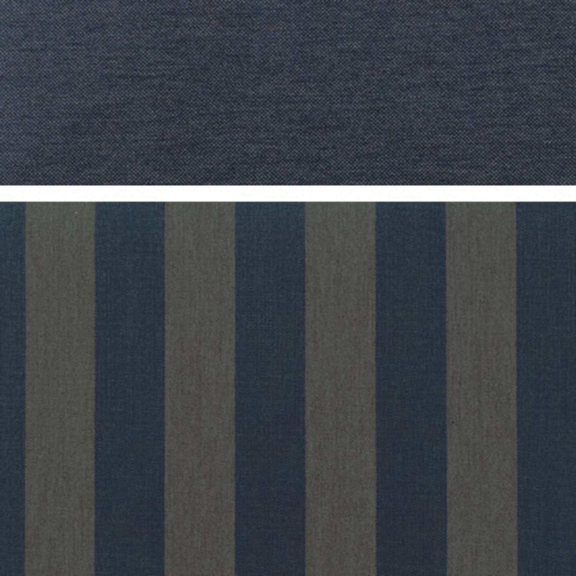 Strandkorb deVries Aruba XL Dessin 249 grau blau mit dunkelgrau-blauen Streifenpolstern und einfarbig dunkelblauem Stoff