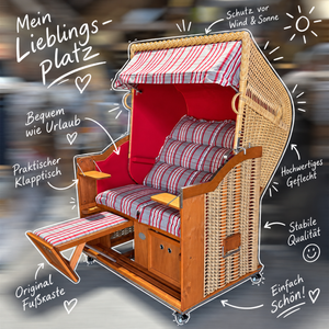 Strandkorb Sonnenpartner Modell Classic Geflecht naturoptik, Holz lasiert, Dessin Modena rot