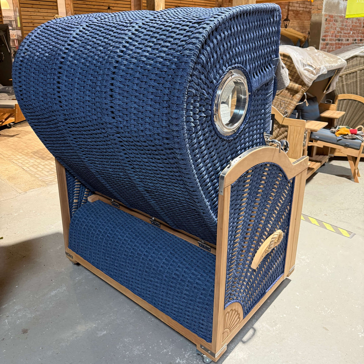 Strandkorb deVries Aruba XL in blau, hochwertiges Rope Kordel-Geflecht für Komfort und Stil.